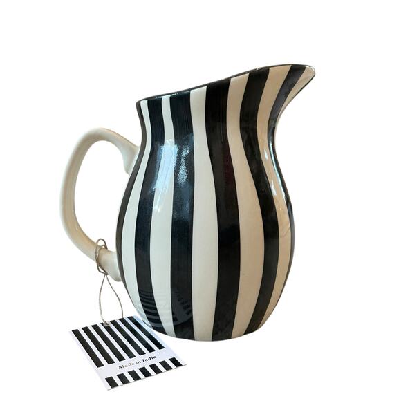 Hand Painted Striped Ceramic Pitcher 8in Made in India Black & Cream NEW - Picture 2 of 15